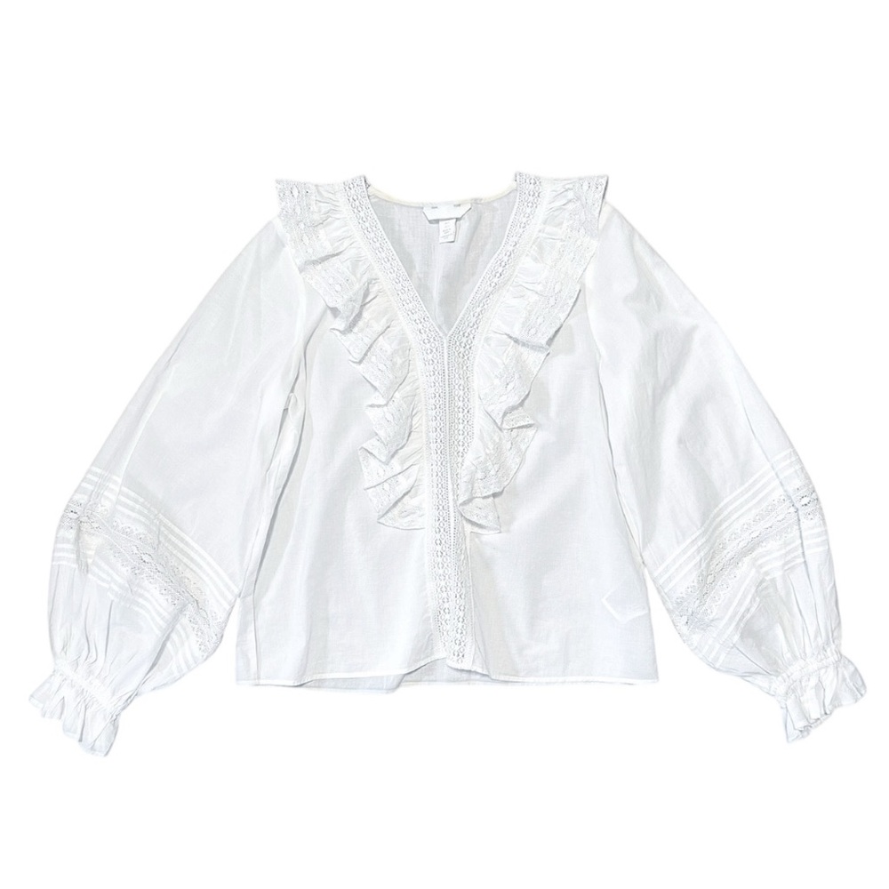 H&M White Ruffle V-Neck Lace Trim Blouse